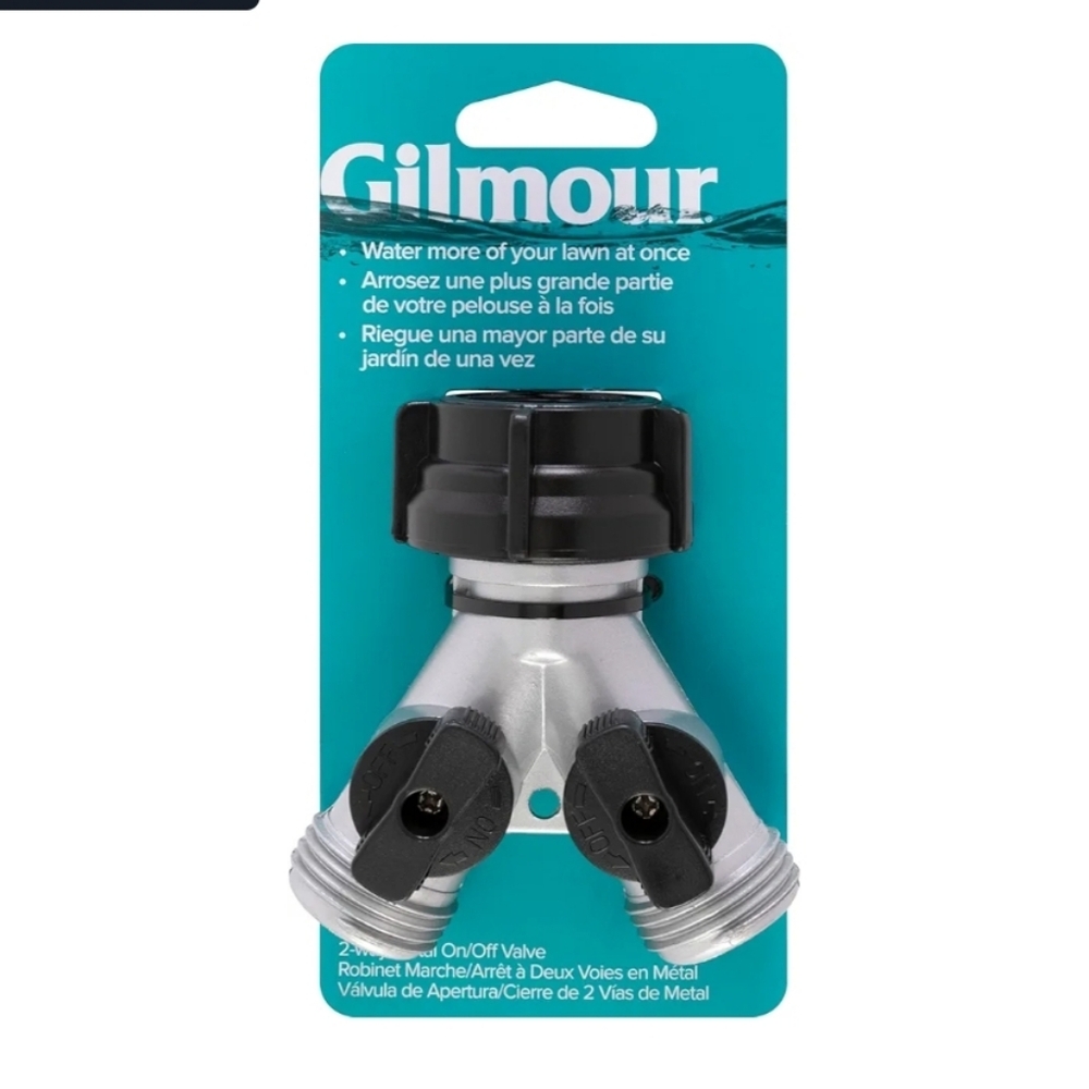 Gilmour 2-Way Metal Hose Splitter with Shut-Off Valves - Silver & Black